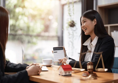 Smiling lawyer explains legal details to her client in an office, facilitating digital procedures such as the Online Cohabitation Certificate.