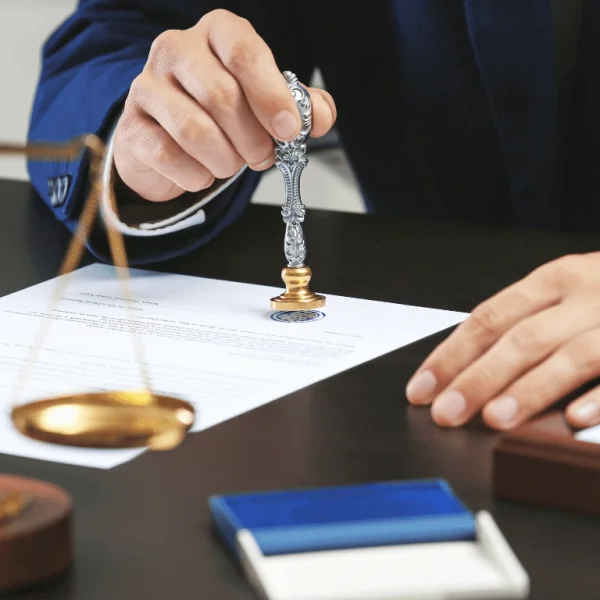 Notary applying a seal on an official document, validating online web publication certification.