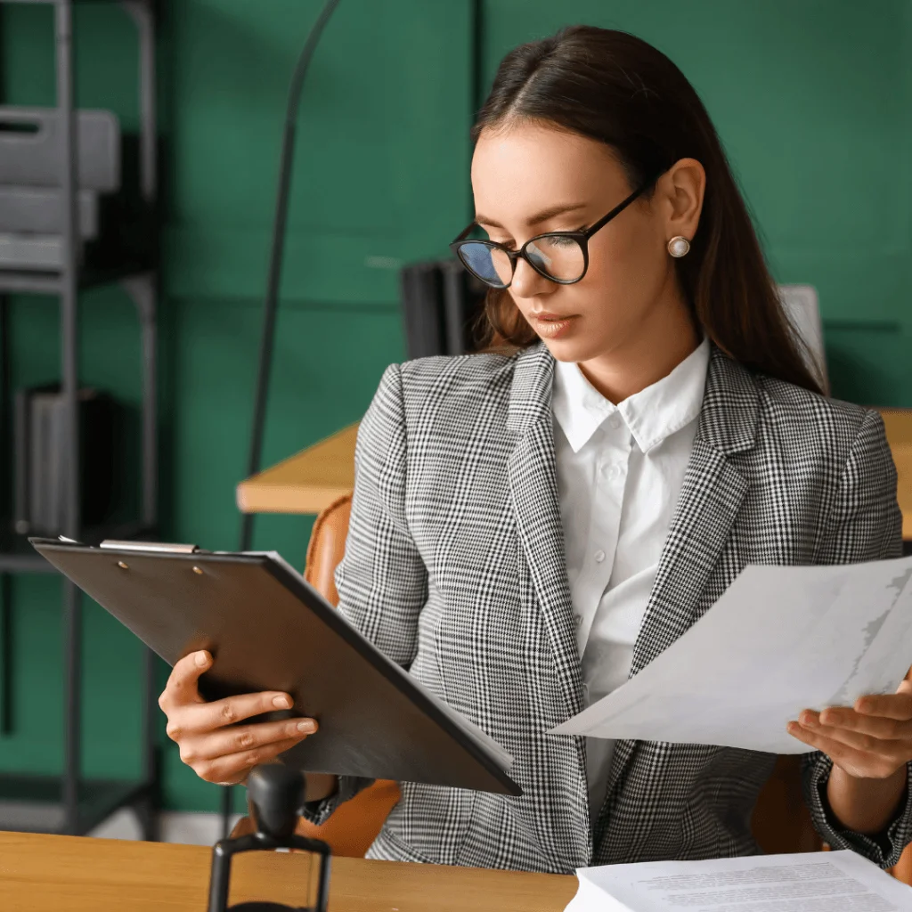 Abogada con gafas y traje de cuadros revisando documentos legales en su escritorio, trabajando en ampliaciones y reducciones de capital online.