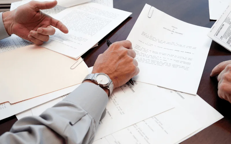 Several hands reviewing and discussing legal documents about the online last will certificate